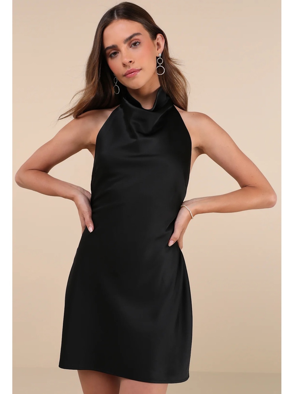 Lulus Gorgeous Endeavor Black Satin Halter Mini Slip Dress Event Wedding Guest S